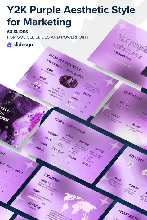 Present your marketing strategy with this template that has a Y2K purple aesthetic style, and stand out in your market. Available for Google Slides and PPT Purple Powerpoint Template, Y2k Ppt Template, Y2k Powerpoint Template, Purple Presentation Design, Free Ppt Templates Aesthetic, Y2k Powerpoint, Y2k Presentation, Y2k Purple Aesthetic, Templet Ppt