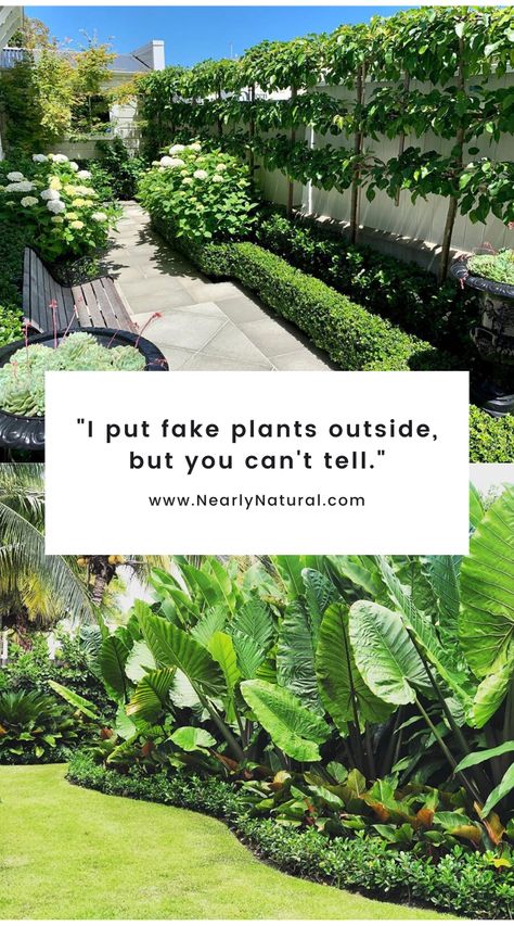 Fake Plants Landscaping, Fake Plant Garden Outdoor, Artificial Plants In Flower Bed, Landscape With Artificial Plants, Artificial Bushes Outdoor, Best Faux Outdoor Plants, Faux Plants Around Pool, Faux Bushes Outdoor, Fake Bushes In Yard