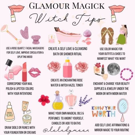 1,656 Likes, 5 Comments - Awaken Your Inner Magic💎🌙 (@leladymoon) on Instagram: “Glamour and beauty magick corresponds to Friday’s!💗🌹💫💎 Just posted more about different ways to do…” Crystals For Glamour Magic, Beauty Spells Witchcraft Magick, Glamour Spells Witchcraft, Glamour Spell Beauty, Glamour Altar Witchcraft, Witchcraft Beauty Spells, Glamour Magick Affirmation, How To Talk To Spirits Witchcraft, Glamour Witch Altar