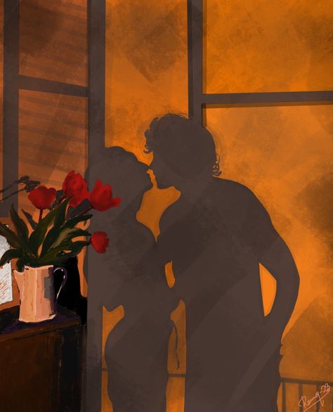 #Couple #love #art #kiss #flower #shadow #illustration #painting Kissing Painting Aesthetic, Kiss Illustration Couple, Couple Kissing Painting, Simple Romantic Painting, Falling In Love Artwork, Art Love Romance Painting, Couple Shadow Painting, Couple Shadow Drawing, Aesthetic Couple Painting