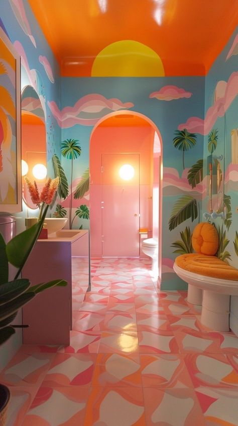 If I Designed an Airbnb Mansion: Bringing the Vibrant Vibe to Life — Living Bright Interiors Colorful Gym Aesthetic, Ideas For Airbnb, 70's Room, Colour Zoning, 70s Room, 70s Interior Design, 80s Interior, 70s Interior, Retro Interior Design