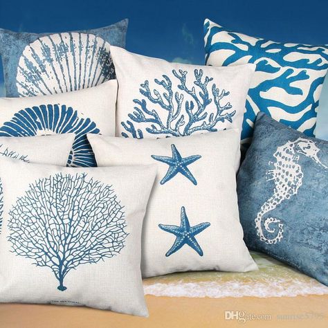 Mediterranean Style Cushion Cover Blue Sea Throw Pillow Case Decorative Coral Almofada Beach Decor Shell Cojines Outdoor Cushions 24x24 Cushions For Lounge Chairs From Sunrise5795, $7.04| DHgate.Com Deco Marine, Mediterranean Interior, Mediterranean Style Homes, Mediterranean Decor, Cover Blue, Mediterranean Home, Mediterranean Homes, Mediterranean Style, Throw Pillow Cases