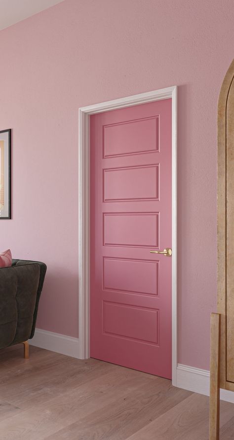 pink solid core interior door from Masonite Pink Home Interior Design, Pink Door Frame, Pink Door Bedroom, Door For Room, Pink Door Interior, Pretty Interior Doors, Door Ideas For Home, Pink Door Aesthetic, Pink Baseboards