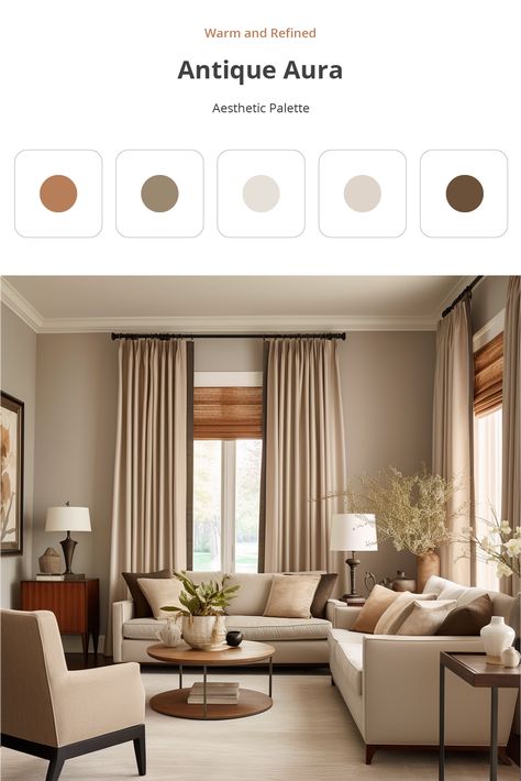 The Antique Aura color palette evokes an air of maturity and timelessness. A warm caramel tone exudes a rustic, cozy vibe. A muted shade of taupe adds balance to the palette. A very light shade of warm gray allows the other colors to shine. A light beige exudes a sense of comfort and warmth. A rich brown adds depth and strength to the palette. Warm Living Room Colors, Room Color Combination, Taupe Walls, Color Palette Living Room, Living Room Wall Color, Room Wall Colors, Living Room Warm, Beige Living Rooms, Shine A Light