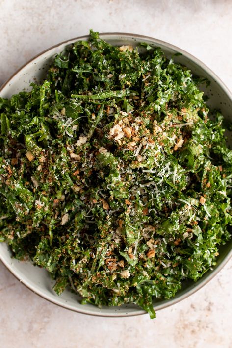 Parmesan Kale Salad, Crunchy Kale Salad, Lemon Kale Salad, Crunchy Kale, Cheese And Bread, Kale Recipe, Kale Salad Recipes, Creamy Dressing, Kale Salad