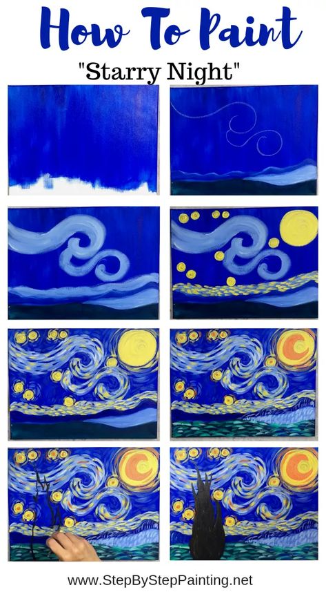 This is a simplified, easy version of the famous Starry Night by Vincent Van Gogh. Learn how to paint this with simple step by step directions. Great for kids and the absolute beginner acrylic painter! Paint Starry Night, �فنسنت فان جوخ, Starry Night Painting, Arte Van Gogh, Seni Dan Kraf, Small Canvas Art, Simple Acrylic Paintings, Step By Step Painting, Night Painting