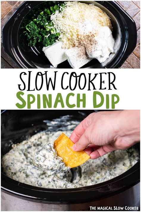 Slow Cooker Spinach and Artichoke Dip - The Magical Slow Cooker Spinach Dip In Crock Pot, Spinach Crockpot Dip, Slow Cooker Finger Food, Spinach Dip Recipe Easy Crock Pot, Hot Spinach And Artichoke Dip Crockpot, Hot Spinach Dip Crockpot, Spinach Dip Recipe Crockpot, Crock Pot Spinach Artichoke Dip, Spin Dip