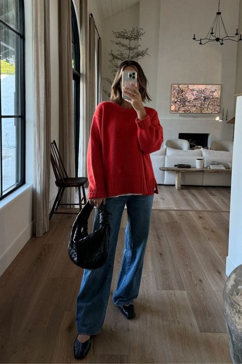 if you need a casual holiday outfit, this combo wins every time. red is the color of the season, and this red sweater is working overtime in my wardrobe. tap to shop this look! Red Sweater Outfit Winter, Red Outfit Casual, Cashmere Sweater Outfit, Holiday Outfits Winter, Red Sweater Outfit, Spring Sweater Outfits, Guest In Residence, Red Cashmere Sweater, Casual Holiday Outfits