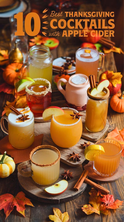 Discover the 10 Best Thanksgiving Cocktails with Apple Cider for a Cozy 
Celebration! Elevate your holiday gatherings with these delightful apple 
cider drinks that embody the spirit of fall. From warm cocktails for autumn 
to festive drink ideas, our holiday cocktail recipes are perfect for 
creating a welcoming atmosphere. Cheers to cozy fall beverages that will 
impress your guests and make your Thanksgiving unforgettable! Thanksgiving Cocktails Apple Cider, Apple Cider Holiday Drink, Warm Thanksgiving Drinks, Apple Cider Thanksgiving Cocktail, Fall Cider Drinks, Sparkling Cider Drinks, Cocktails With Apple Cider, Thanksgiving Beverages, Apple Cider Drinks