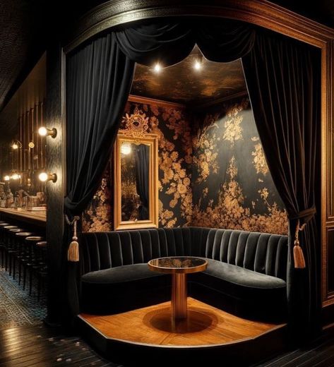 Theatre Bar Design, Speakeasy Furniture Interior Design, Goth Bar Aesthetic, 1920s Cocktail Bar, Smokey Bar Aesthetic, Speakeasy In House, Speakeasy Lighting Ideas, Speak Easy Bedroom, Dark Lounge Aesthetic