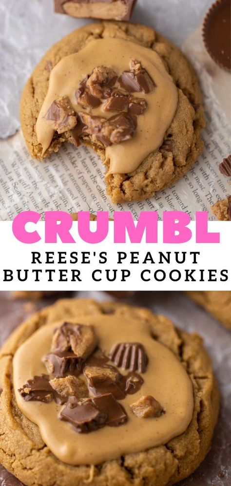 Crumbl Peanut Butter Cup Cookies, Peanut Butter Cheesecake Cookies, Crumbl Peanut Butter, Crumbl Recipes, March Cookies, Reese's Cookies, Crumb Cookies, Reese's Peanut Butter Cup Cookies, Reeses Cookies