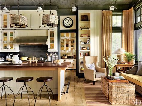 The kitchen cabinetry, designed by Thom Filicia and Shope Reno Wharton, is painted in a Farrow & Ball white Creative Kitchen Backsplash, Barn Kitchen, Small Kitchens, Rustic Kitchen Design, Country Decor Rustic, Gorgeous Kitchens, Counter Space, Kitchen Cabinetry, Beautiful Kitchens