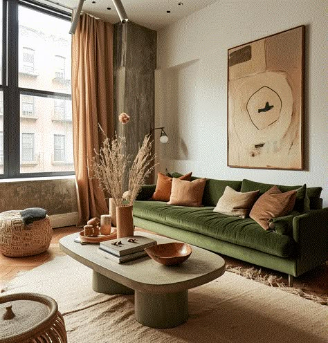 Mad Men Living Room, Midcentury Modern Apartment Aesthetic, Retro Minimalist Living Room, Rowhome Interior Design, Green Mid Century Modern Living Room, Green Interior Living Room, Beige Aesthetic Living Rooms, Warm Living Room Aesthetic, Living Room Designs Vintage