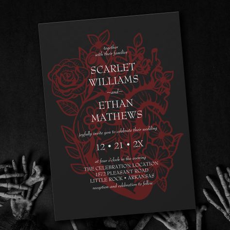 Elegant Halloween Wedding Invitations, Black And Red Christmas Wedding, Black And Red Wedding Invites, Black And Red Gothic Wedding Theme, Red And Black Gothic Wedding, Red And Black Wedding Aesthetic, Black And Red Wedding Theme Decor, Red And Black Theme Wedding, Black And Wine Red Wedding