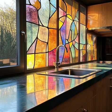 A stained glass kitchen is a vibrant and artistic space where functionality meets timeless beauty. The cabinets and windows are adorned with intricate stained glass panels that catch the light, casting colorful reflections throughout the room. Each piece of stained glass is carefully crafted, featuring patterns inspired by nature, geometric designs, or abstract art, creating a unique and personalized aesthetic. The interplay of light through the glass transforms the kitchen into a dynamic env... Stained Glass Reflection Aesthetic, Cellophane Stained Glass Art, Stained Glass Window House, Stained Glass Foil, Stained Glass Above Doorway, Geometric Stained Glass Window, Stained Glass Bedroom Window, Stained Glass In Home, Stained Glass Panels Ideas