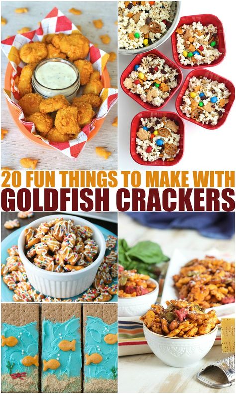 Does your child love Goldfish Crackers? All mine do, and truth be told, I do too! Here are some fun recipes to make, that all include our favorite fishy treat! Ranch Goldfish Crackers Goldfish & Marshmallow Snack Mix Goldfish Chicken Nuggets Goldfish Trail Mix Goldfish Cracker Bites Chipotle Chicken Goldfish Crackers Princess Goldfish Mix Under … Snacks With Goldfish Crackers, Goldfish Crackers Ideas, Trail Mix With Goldfish, Gold Fish Snack Ideas, Goldfish Snack Ideas, Chex Mix With Goldfish, Goldfish Mix Recipe, Fish Snacks For Preschool, Snack Mix With Goldfish Crackers