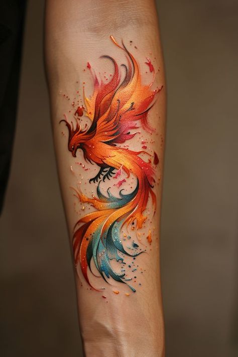 Phoenix Tattoo Design Colored, Purple Phoenix Tattoo, Pheonix Tattoo For Women On Arm, Color Phoenix Tattoo, Gold Dragon Tattoo, Colored Dragon Tattoo, Watercolour Tattoo For Women, Japanese Phoenix Tattoo Design, Phoenix Color Tattoo