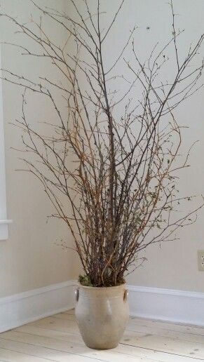 Natural tall branches in vintage crock fill an empty corner. Corner Filler Decor, Mod Bedroom, Corner Decorating Ideas, Fireplace Decorating, Tall Vase Decor, Corner Hutch, Vase With Branches, Indoor Plant Wall, Corner Ideas