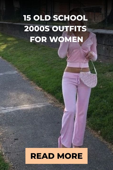 Woman in early 2000s style outfit including pink tracksuit and small handbag, with a call-to-action to read more about old school fashion.