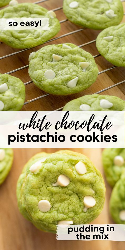 Pistachio Cake Cookies, Pistachio Crinkle Cookies, Pistachio Cookies Recipe, Cookies Pistachio, Pistachio Pudding Cookies, Pistachio White Chocolate, Pudding Cookies Recipes, Soft Chewy Cookies, Cookies With White Chocolate