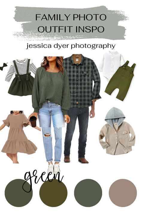 Coordinating Fall Outfits For Pictures, October Family Photos Outfits Jeans, Green Cream Brown Family Photos Outfit, Army Green Family Picture Outfits, Winter Picture Outfits Family, Family Photo Green Color Schemes, Apple Picking Photoshoot Family Photos, Green And Tan Family Photos, Black And Green Family Photo Outfits