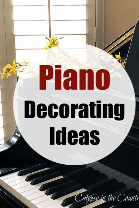 For piano decorating inspiration, here are some ideas for a baby grand piano and an upright piano. Your piano can be a great place for creating vignettes in your home. Also includes piano shopping finds for a piano teacher or music lover. For piano decor ideas and DIY piano ideas, read the blog post. September is National Piano Month! Decor For Piano Top, Picture Frames On Piano, Grand Piano Styling, Upright Piano Decorating Ideas, Music Room With Grand Piano, Top Of Piano Decorating Ideas, Piano In A Room, Lamp On Piano, Decor On Top Of Piano