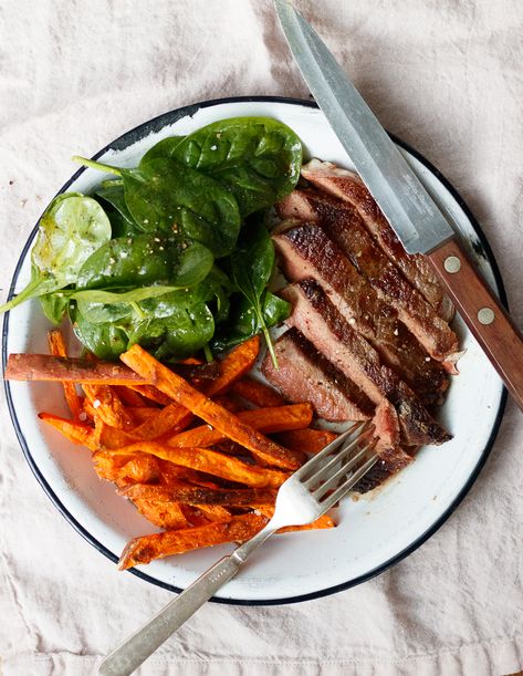 Seared Steak with Crunchy Sweet Potato Fries and Spinach Salad  — Amanda Frederickson Sweet Potato With Steak, Fatty Steak, Sweet Potato Steak, Steak And Sweet Potato, Steak Sweet Potato, Marley Spoon Recipes, Caramelized Carrots, Whole Grain Mustard, Boneless Ribs