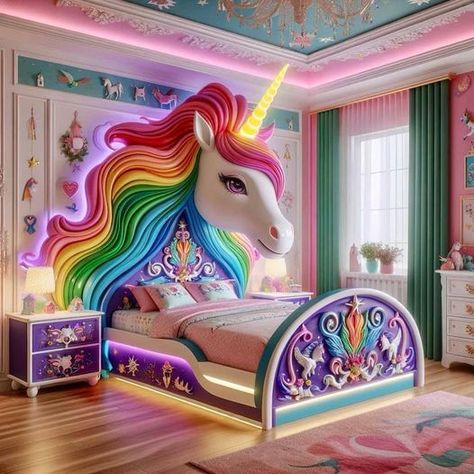 A colorful kids' room with bright patterns and playful furniture. Unicorn Loft Bed, Unicorn Bedroom Bunkbeds, Unicorn Bed, Rainbows And Unicorns Bedroom, Unicorn Bedroom Ideas, Unicorn Bedrooms, Unicorn Furniture, Bedroom Unicorn, Baby Dedication Party