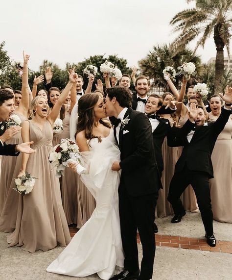 Bridesmaid And Bestman Colors, Black Suits Champagne Dresses, Taupe Bridesmaid Dresses And Groomsmen Black Suits, Taupe Bridal Party Groomsmen, Champagne And Black Bridal Party, Champagne Wedding Theme Groomsmen, Champagne And Black Wedding Party, Champagne Bridal Party Groomsmen, Taupe Groomsmen Attire