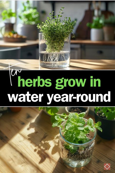 Growing herbs indoors has never been easier! Forget about messy soil or a green thumb; all you need is water, a few glass jars, and some sunlight to turn your kitchen into a mini herb garden.  This method, known as hydroponic gardening, is not only space-saving and clean but also incredibly effective.  So, if you need herb garden ideas, here are ten herbs you can grow in water all year long, adding freshness and flavor to your dishes without a trip to the grocery store! Hydroponic Herbs Indoor, Herbs Grown In Water, Herbs You Can Grow In Water, How To Grow Herbs Indoors, Growing Herbs In Water, Beautiful Sunrooms, Herbs In Water, Apartment Herb Gardens, Growing Herbs Inside