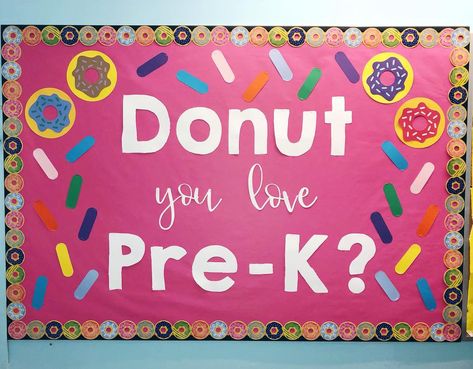 Donut you love Pre-K? I used my Cricut to make this back to school bulletin board 💁🏽‍♀️🍎🍩 crafteemissbee• • • • • • • • • #teachersofig #teachersofinstagram #teachersfollowteachers #iteachprek August Bulletin Boards, September Bulletin Boards, Kindergarten Bulletin Boards, Class Bulletin Boards, Cute Bulletin Boards, Preschool Boards, Summer Bulletin Boards, Back To School Bulletin Board, Teacher Bulletin Boards