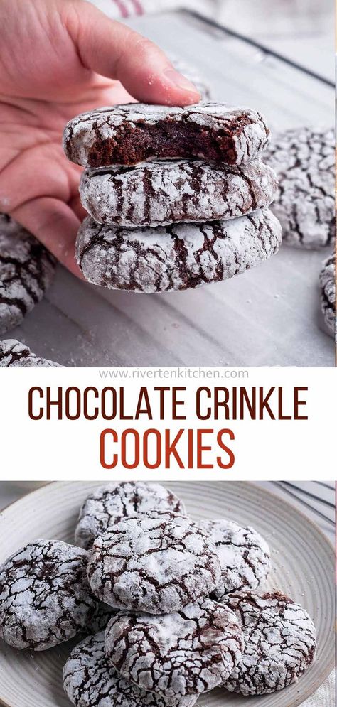 chocolate cookies covered in powdered sugar Upstate Ramblings, Chocolate Crinkle Cookies Recipe, Brownie Vegan, Crackle Cookies, Gooey Butter Cookies, Crinkle Cookies Recipe, Chocolate Crinkle, Diy Easy Recipes, Fudgy Brownie