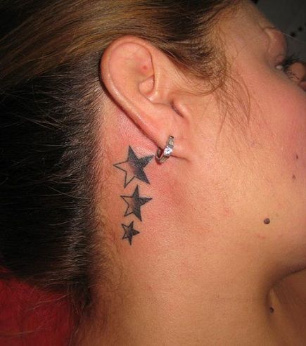 Stars Tattoo Behind Ear, Star Tattoo Behind Ear, 3 Stars Tattoo, Shooting Star Tattoos, Star Tattoos Behind Ear, Black Star Tattoo, Star Tattoo On Shoulder, Star Tattoo Meaning, Ear Picture