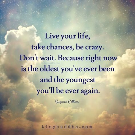 Live your life, take chances, be crazy. Don't wait. Because right now is the oldest you've ever been and the youngest you'll be ever again. Jillian Benfield Quote, Purple Goddess, Blog Quotes, Yoga Relaxation, Now Quotes, Freedom Quotes, Tiny Buddha, Clock Faces, Family Books