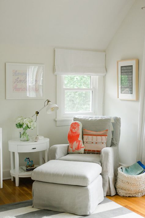 outside mount roman shades Grey Glider Nursery, Roman Shades Bedroom, Inside Mount Roman Shade, Farmhouse Roman Shades, Outside Mount Roman Shades, Roman Shades Living Room, Glider Nursery, Shiplap Nursery, Transitional Nursery