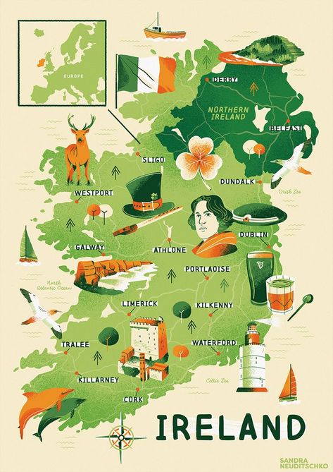 Us Map Illustration, Map Of Ireland Printable, Ireland Map Illustration, Cute Map Illustration, Illustrated City Map, Countries Illustration, Ireland Cities, Ireland Drawing, Europe Travel Map