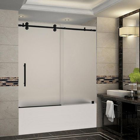 Aston Langham 56 in. to 60 in. x 60 in. Frameless Sliding Tub Door with Frosted Glass in Matte Black - TDR978F-MB-60-10 - The Home Depot Bathtub Glass Panel, Frosted Shower Doors, Bathtub Alcove, Black Tub, Bathtub Shower Doors, Frosted Glass Door, Industrial Minimalist, Gorgeous Doors, Tub Doors