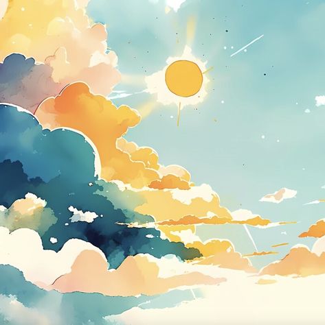 Sky With Sun And Clouds, Sun In The Sky Painting, Sunny Sky Drawing, Sky Drawing Ideas, Paint Sky Clouds, Blue Orange Illustration, Sunny Sky Painting, Blue Watercolour Painting, Fluffy Clouds Drawing