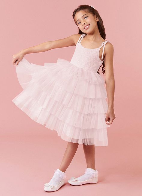 SCOOP BOW STRAP LACE TULLE TIER A-LINE DRESS - Flower Girl Dresses Pink Flower Girl Dress, Blush Flower Girl Dresses, Pink Flower Girl, Maternity Bridesmaid Dresses, Pink Wedding Inspiration, Barbie Wedding Dress, Satin Ball Gown, Pink Flower Girl Dresses, Barbie Bride