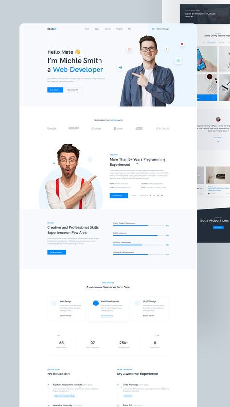 BestKit - Personal Portfolio CV/Resume Website User Interface (UI) Design | BestKit | Personal Portfolio | Designerzafor |Templatecookie Portfolio Website Design Inspiration, Web Developer Portfolio, Business Website Design Templates, Personal Portfolio Website, Website Ui Design, Portfolio Photo, Landing Page Inspiration, Website Company, Portfolio Website Template