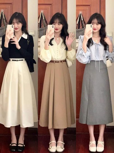 Korea Work Outfit, Modest Girly Outfits, Rok Outfit, Simple Style Outfits, Long Skirt Fashion, Fashion Top Outfits, Everyday Fashion Outfits, Korean Fashion Dress, Classy Work Outfits