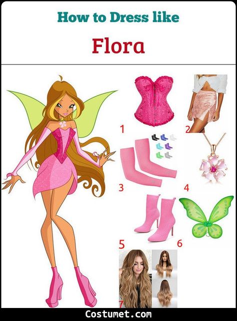 Flora (Winx Club) Costume for Cosplay & Halloween Flora Costume Ideas, Winx Club Flora Halloween Costumes, Wix Club Costume, Winx Club Flora Cosplay, Winx Club Outfits Flora, The Winx Club Costume, Winx Club Kostüm, Wind Club Costume, Flora Winx Halloween Costume