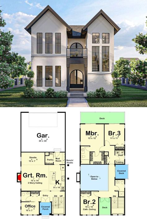 Color House Plans - Ray Bendily Home Design 8E1 Modern Cottage House Plans, Cottage Floor Plan, Modern House Floor Plans, Narrow Lot House Plans, Cottage House Plan, Cottage Floor Plans, Sims 4 House Building, Sims 4 House Plans, Sims 4 House Design