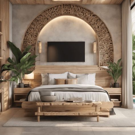 Ultra realistic photo of Modern take on upscale bali inspired small condo white cream stone, light wwoodl round arches interor view of bedroom withtropical foliage #ai #aiart # Arch Bedroom Design, Small Hotel Room Design, Bali Style Bedroom, Modern Spanish Bedroom, Modern Moroccan Bedroom, Arch Bedroom, Ultra Modern Bedroom, Desert Villa, Ethnic Bedroom