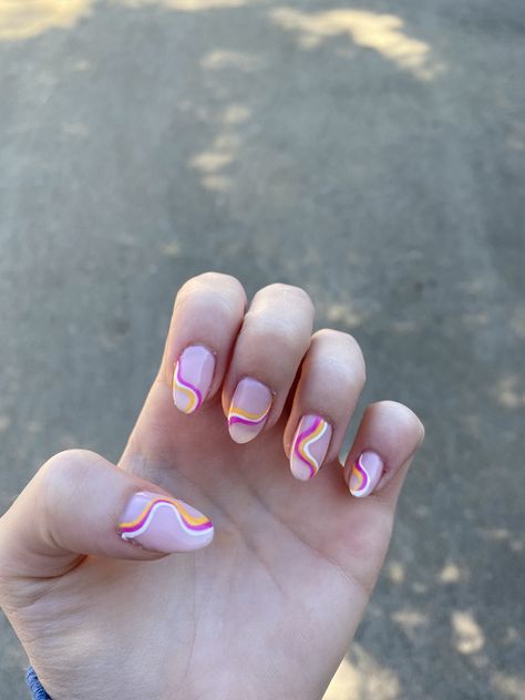 Orange Pink And Purple Nails, Summer Abstract Nails, Groovy Nails, Simple Gel Nails, Color Swirl, Summer Pink, Pink Lilac, Nails 2024, Yellow Nails