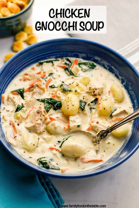 Chicken gnocchi soup is so creamy and comforting, easy to make and comes together in less than 30 minutes! This hearty soup is sure to warm you up. Chicken Nochi Soup, Creamy Chicken Gnocchi Soup, Creamy Chicken Gnocchi, Chicken Gnocchi Soup Recipe, Slow Cooker Chicken Stew, Gnocchi Recipes Soup, Chicken Gnocchi Soup Olive Garden, Hearty Soup Recipes, Chicken Noodle Soup Easy