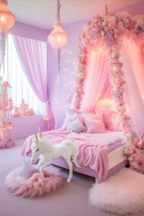 Girls Bedroom Unicorn, Girly Pink Bedroom, Girly Bedroom Decor, Girls Bedroom Themes, Unicorn Bedroom Decor, Rose Bedroom, Barbie Bedroom, Rainbow Bedroom, Unicorn Room Decor