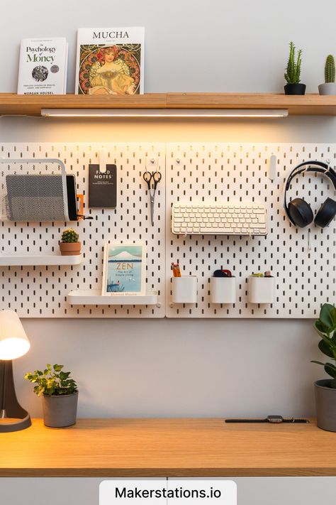 WFH Essentials Work Nook, Aesthetic Work Desk, Pc Room, Ikea Pegboard, Pegboard Ideas, Desktop Aesthetic, Peg Boards, Office Corner, Creative Office Space