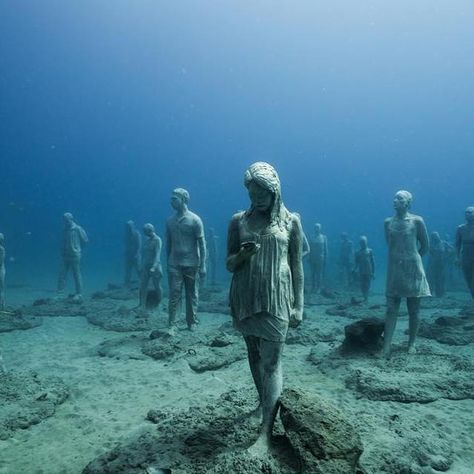 Jason Decaires Taylor on Instagram: ““Crossing the Rubicon” 📍Museo Atlántico, Lanzarote. If we continue to walk through our daily lives in oblivion we will go beyond a point of…” Crossing The Rubicon, Jason Decaires Taylor, Underwater Ruins, Underwater Sculpture, Street Art News, Sunken City, Underwater Art, Underwater Photography, In The Ocean