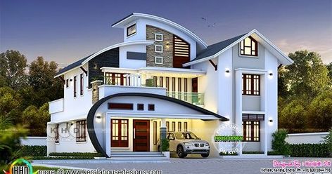 Beautiful C-Curve roof 5 bedroom house in an area of 2666 square feet by Harijith S R, Kollam, Kerala. Kerala Home Plans, Kollam Kerala, New Model House, House Rendering, Kerala Home, Roof House, Best Modern House Design, Small House Elevation Design, Classic House Design